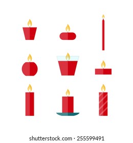 Flat icons Christmas candles isolated on white background. Icons candles set. 9 different candles in flat style. Candles collection.