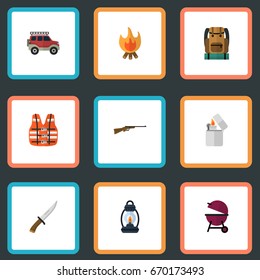 Flat Icons Cigarette, Barbecue, Lifesaver And Other Vector Elements. Set Of Camping Flat Icons Symbols Also Includes Flammable, Fire, Kerosene Objects.