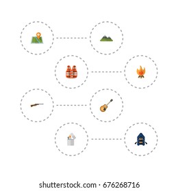 Flat Icons Cigarette, Fire, Ship And Other Vector Elements. Set Of Camp Flat Icons Symbols Also Includes Weapon, Music, Vest Objects.