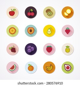 Flat icons in a circle with long shadow about fruit