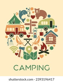 Flat icons in the circle shape on the theme of camping and outdoor recreation