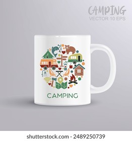 Flat icons in the circle shape on the theme of camping and outdoor recreation. Camping concept with mug mockup. Vector Illustration