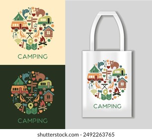 Iconos planos en forma de círculo sobre el tema de camping y Ocio al aire libre. Concepto de camping con mockup tote bag. Ilustración vectorial