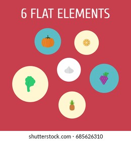 Flat Icons Citrus, Ananas, Onion And Other Vector Elements. Set Of Dessert Flat Icons Symbols Also Includes Grape, Onion, Cluster Objects.