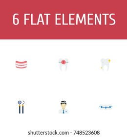 Flat Icons Cleaned, Artificial Teeth, Orthodontist And Other Vector Elements. Set Of Tooth Flat Icons Symbols Also Includes Probe, Braces, Dentist Objects.