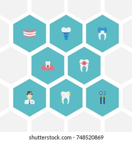 Flat Icons Cleaned, Orthodontist, Gingivitis And Other Vector Elements. Set Of Enamel Flat Icons Symbols Also Includes Doctor, Probe, Alignment Objects.
