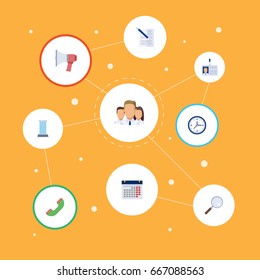 Flat Icons Clock, Calendar, Loudspeaker And Other Vector Elements. Set Of Business Flat Icons Symbols Also Includes Group, Center, Pen Objects.