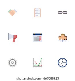 Flat Icons Clock, Group, Loudspeaker And Other Vector Elements. Set Of Trade Flat Icons Symbols Also Includes Cog, Statistics, Spectacles Objects.