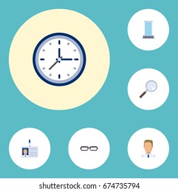 Flat Icons Clock, Id Card, Employee And Other Vector Elements. Set Of Job Flat Icons Symbols Also Includes Employee, Id, Badge Objects.