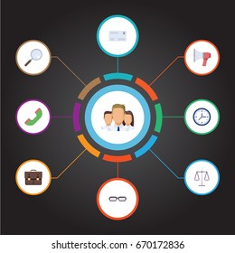 Flat Icons Clock, Spectacles, Portfolio And Other Vector Elements. Set Of Business Flat Icons Symbols Also Includes Envelope, Unity, Libra Objects.