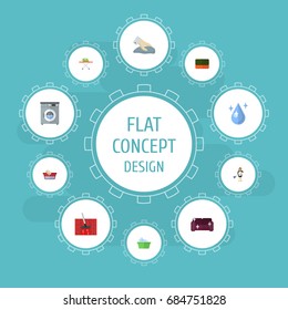 Flat Icons Clothes Washing, Laundry, Laundromat And Other Vector Elements. Set Of Cleaning Flat Icons Symbols Also Includes Laundromat, Washcloth, Towel Objects.