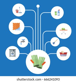 Flat Icons Clothes Washing, Means For Cleaning, Faucet And Other Vector Elements. Set Of Hygiene Flat Icons Symbols Also Includes Detergent, Mopping, Gauntlet Objects.