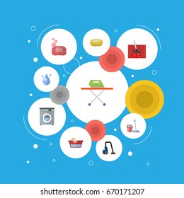 Flat Icons Clothes Washing, Sponge, Sweeper And Other Vector Elements. Set Of Hygiene Flat Icons Symbols Also Includes Sweeper, Foam, Wisp Objects.