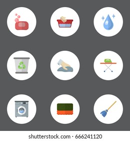 Flat Icons Clothes Washing, Wisp, Laundromat And Other Vector Elements. Set Of Hygiene Flat Icons Symbols Also Includes Drop, Besom, Basin Objects.