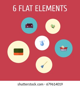 Flat Icons Clothes Washing, Wisp, Aqua And Other Vector Elements. Set Of Cleaning Flat Icons Symbols Also Includes Aqua, Wisp, Broom Objects.