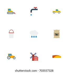 Flat Icons Cloud, Faucet, Farm Vehicle And Other Vector Elements. Set Of Agriculture Flat Icons Symbols Also Includes Truck, Vehicle, Sack Objects.