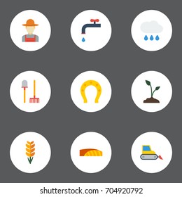 Flat Icons Cloud, Faucet, Field And Other Vector Elements. Set Of Agriculture Flat Icons Symbols Also Includes Shovel, Bulldozer, Tool Objects.