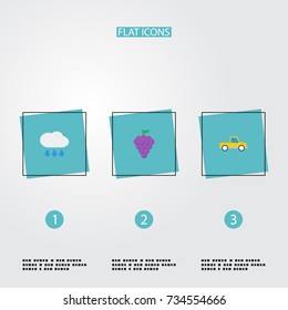 Flat Icons Cloud, Pickup, Vineyard And Other Vector Elements. Set Of Harvest Flat Icons Symbols Also Includes Grape, Fruit, Cloud Objects.