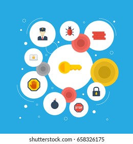 Flat Icons Clue, Brick Wall, Lock And Other Vector Elements. Set Of Procuring Flat Icons Symbols Also Includes Hand, Laptop, Bomb Objects.