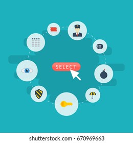Flat Icons Clue, Brick Wall, Shield And Other Vector Elements. Set Of Security Flat Icons Symbols Also Includes Look, Gloves, Bomb Objects.