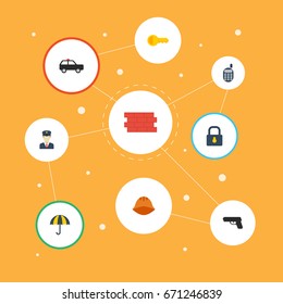 Flat Icons Clue, Brick Wall, Gun And Other Vector Elements. Set Of Security Flat Icons Symbols Also Includes Sunny, Wall, Parasol Objects.