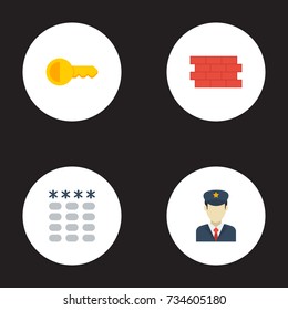 Flat Icons Clue, Brick Wall, Keypad And Other Vector Elements. Set Of Procuring Flat Icons Symbols Also Includes Password, Guard, Brick Objects.