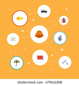 Flat Icons Clue, Hardhat, Parasol And Other Vector Elements. Set Of Procuring Flat Icons Symbols Also Includes Virus, Camera, Suv Objects.