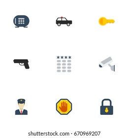 Flat Icons Clue, Keypad, Camera And Other Vector Elements. Set Of Procuring Flat Icons Symbols Also Includes Armored, Closed, Keys Objects.