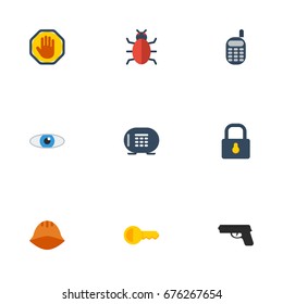 Flat Icons Clue, Safe, Vision And Other Vector Elements. Set Of Safety Flat Icons Symbols Also Includes Shot, Forbidden, Look Objects.