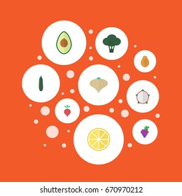 Flat Icons Cluster, Pitaya, Cabbage And Other Vector Elements. Set Of  Flat Icons Symbols Also Includes Pear, Root, Pawpaw Objects.