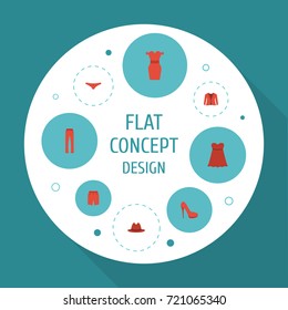 Flat Icons Coat, Pants, Swimming Trunk And Other Vector Elements. Set Of Garment Flat Icons Symbols Also Includes Underwear, Underpants, Swimming Objects.