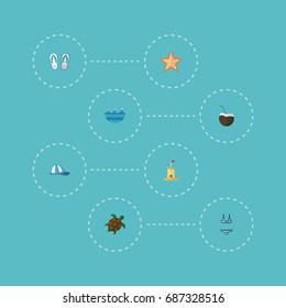 Flat Icons Cocos, Beachwear, Tortoise And Other Vector Elements. Set Of Beach Flat Icons Symbols Also Includes Sea, Waves, Hat Objects.