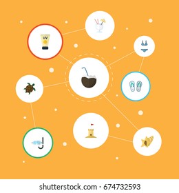 Flat Icons Cocos, Castle, Slippers And Other Vector Elements. Set Of Season Flat Icons Symbols Also Includes Drink, Conch, Flop Objects.