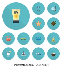 Flat Icons Cocos, Drink, Car And Other Vector Elements. Set Of Summer Flat Icons Symbols Also Includes Hat, Underwear, Tortoise Objects.