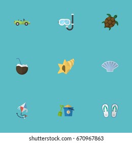Flat Icons Cocos, Fly, Aqualung And Other Vector Elements. Set Of Season Flat Icons Symbols Also Includes Conch, Palm, Sink Objects.