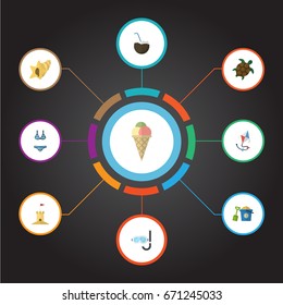 Flat Icons Cocos, Fly, Aqualung And Other Vector Elements. Set Of Season Flat Icons Symbols Also Includes Conch, Sand, Kite Objects.