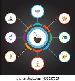 Flat Icons Cocos, Shell, Conch And Other Vector Elements. Set Of Beach Flat Icons Symbols Also Includes Beachwear, Shell, Sink Objects.