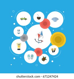 Flat Icons Cocos, Slippers, Tortoise And Other Vector Elements. Set Of Summer Flat Icons Symbols Also Includes Flip, Conch, Coconut Objects.