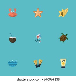 Flat Icons Cocos, Swimming, Tortoise And Other Vector Elements. Set Of Beach Flat Icons Symbols Also Includes Animal, Conch, Swimming Objects.