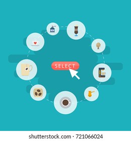 Flat Icons Coffee Mill, Mocha, Espresso Dispenser And Other Vector Elements. Set Of Drink Flat Icons Symbols Also Includes Package, Coffeemaker, Turkish Objects.