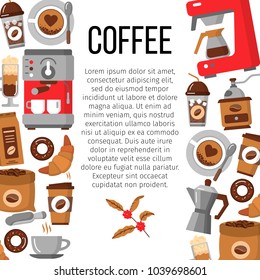 Flat icons for coffee shop. Modern poster with coffee background. Coffee pot, cup, grinder, beans, stains and dessert. Colorful template for your design. Vector