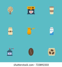 Flat Icons Coffeemaker, Arabica Bean, Timber And Other Vector Elements. Set Of Coffee Flat Icons Symbols Also Includes Tree, Cezve, Pocket Objects.