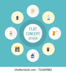Flat Icons Coffeemaker, Ibrik, Paper Box And Other Vector Elements. Set Of Beverage Flat Icons Symbols Also Includes Mill, Cup, Pocket Objects.