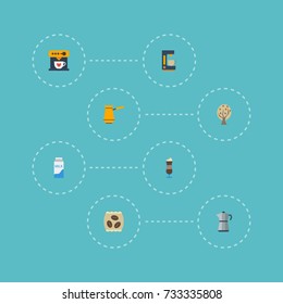Flat Icons Coffeemaker, Package Latte, Paper Box And Other Vector Elements. Set Of Beverage Flat Icons Symbols Also Includes Mocha, Coffee, Espresso Objects.