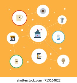 Flat Icons Coffeemaker, Paper Box, Saucer And Other Vector Elements. Set Of Beverage Flat Icons Symbols Also Includes Tree, Percolator, Milk Objects.