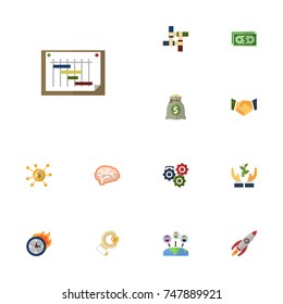 Flat Icons Coin, Rocket, Support And Other Vector Elements. Set Of Startup Flat Icons Symbols Also Includes Graph, Administration, Partnership Objects.