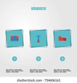 Flat Icons Coliseum, Waterfall, Rio And Other Vector Elements. Set Of Famous Flat Icons Symbols Also Includes Niagara, Falls, Waterfall Objects.