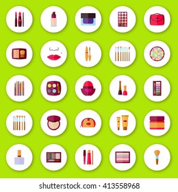 Flat icons collection. Decorative cosmetics for face, lips, skin, eyes, nails, eyebrows and beautycase. Make up set. Vector illustration.