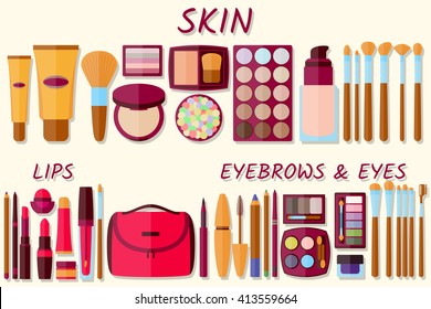Flat icons collection. Decorative cosmetics for face, lips, skin, eyes, eyebrows and beautycase. Make up set. Vector illustration.