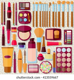 Flat icons collection. Decorative cosmetics for face, lips, skin, eyes, nails, eyebrows and beautycase. Make up set. Vector illustration.